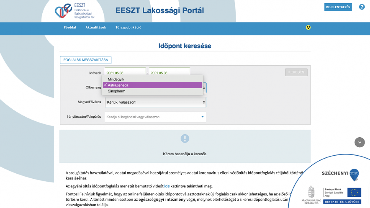 Már vakcinatípust is választhatunk az EESZT portálján